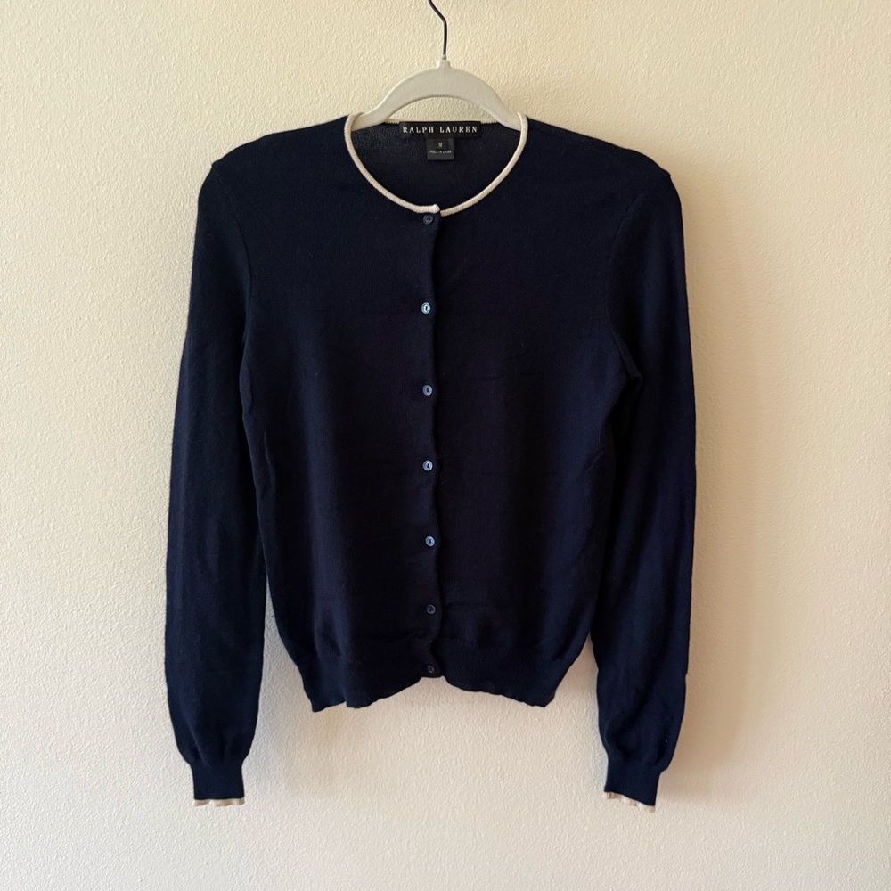 Ralph Lauren Black Label Navy Blue Cashmere Cardigan with White Trim